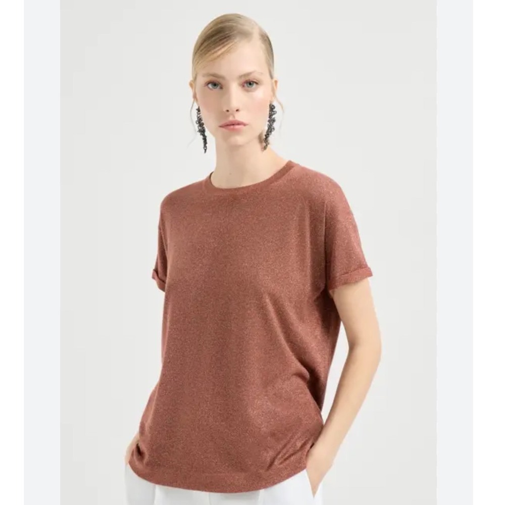 BRUNELLO CUCINELLI‎ Orange Cashmere Silk Blend Lurex T-Shirt Size Large